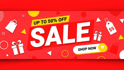 Up to 50 percent off sale shopping banner with gifts and price tags
