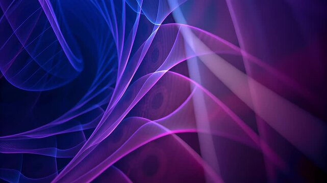 Blue wireframe sound waves showing frequency concept. Abstract design with vibrant purple and blue curves creating a dynamic audio signal representation.