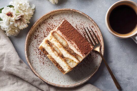 Tiramisu dessert served with fork on rustic blue background