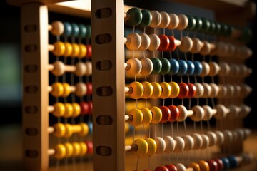 Counting colorful beads on a wooden abacus for educating children in math