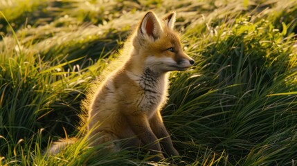 Young Fox Sitting in Tall Green Grass During Sunset