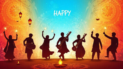 People dancing with lit diyas in colorful diwali celebration scene