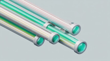 Modern neon tubes in vibrant colors displayed creatively against a soft gray background for contemporary lighting designs and artistic composition