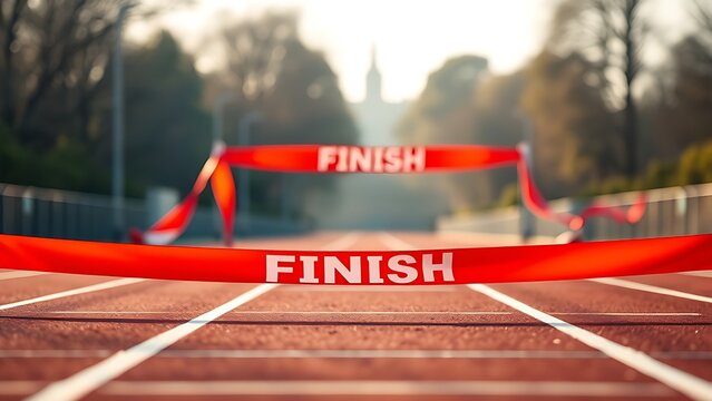 disengaged. Vibrant red and white finish line ribbon stretched taut across a marathon track. event key visuals, club posters, designed for fitness apps and gym onboarding, used by sports marketers.
