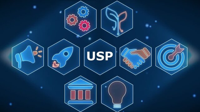 Unique Proposition Concept with Hexagonal and Neon Glow on Dark Background USP concept hexagonal neon glow