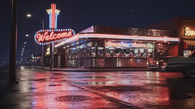 Classic cars drive past a vibrant retro diner at night with flashing welcome neon lights reflecting on wet streets.