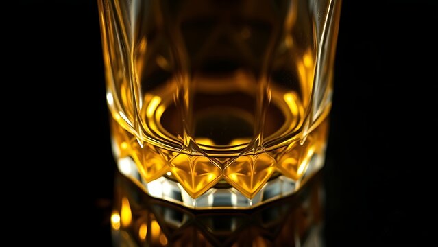 schnapps. Golden schnapps liquid in a crystal glass, light refraction on a dark surface, minimalist style. bar promotions, beverage menus, designed for product packaging and bar promotions.
