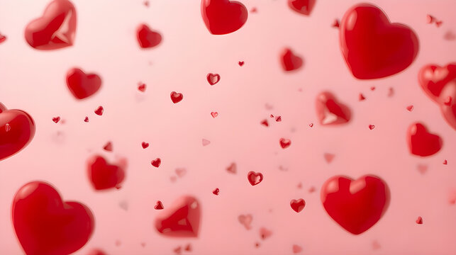 A cascade of vibrant red hearts floating in a soft pink background - Powered by Adobe
