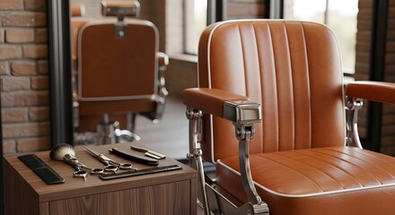 Classic barber chair with professional grooming tools laid out on a table, ready for a modern vintage service concept