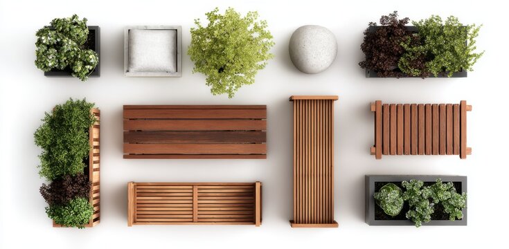 Top-down view of various wooden garden furniture, including planters and benches, arranged in an overhead perspective on a white background