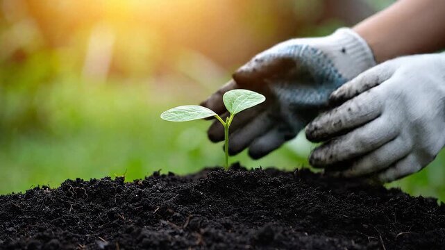 Hand seedling soil gardening glove sunlight nurturing young plant in garden bed spring growth