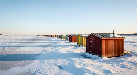 A row of brightly colored fishing huts stands on a vast frozen river under a clear sky, illustrating a serene winter landscape concept