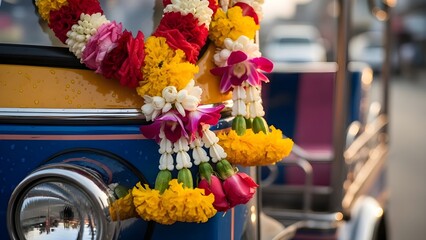 Vibrant traditional Thai flower garlands beautifully adorning a classic three-wheeled vehicle, showcasing Southeast Asian culture and welcoming spirit amidst a bustling urban street