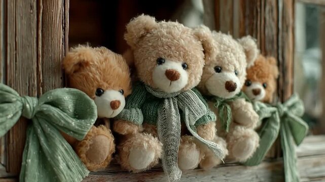 Teddy bears grouped together beside green bows and a wooden window