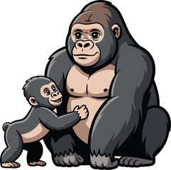 Cute gorilla mother and baby character vector illustration isolated on white background
