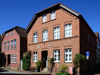 Fototapeta premium Historical Buildings in the Old Town of Hitzacker at the River Elbe, Lower Saxony