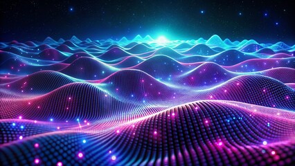 A vibrant digital artwork showcasing wavy, glowing hills with a neon blue and pink gradient. The texture appears like a grid with bright, sparkling dots scattered across the surface.