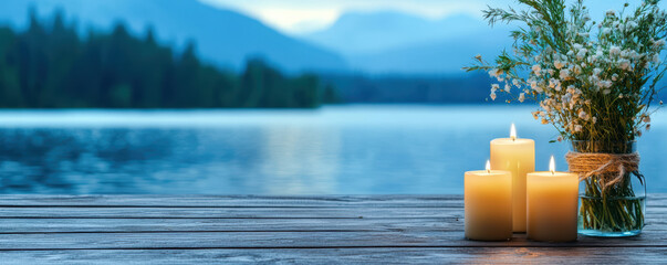  serene lakeside scene with three lit candles beside a vase of flowers, framed by a backdrop of mountains and still water.