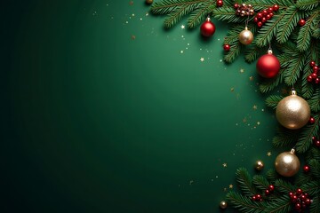 Christmas ornaments and evergreen branches decorate the upper right corner against a dark green background.