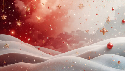 3D winter background with snow hills, hanging star ornaments and red sunset sky