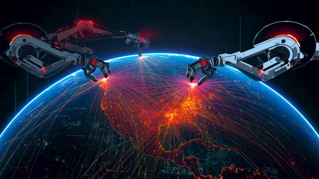 Robotic arms projecting energy onto glowing Earth surface in space visualization