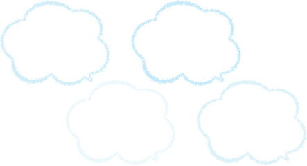 Fototapeta premium 青系のクレヨンで描いた吹き出しセット。雲の形をしたかわいい手描き風のふきだし。青系の異なる色が4色ある。