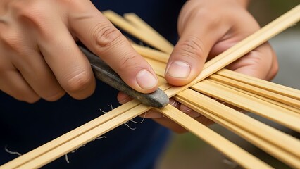 Hands crafting bamboo sticks with hand tool for traditional weavings