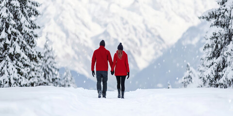 couple in red jackets strolls hand-in-hand through a snowy landscape, surrounded by tall trees and majestic mountains.