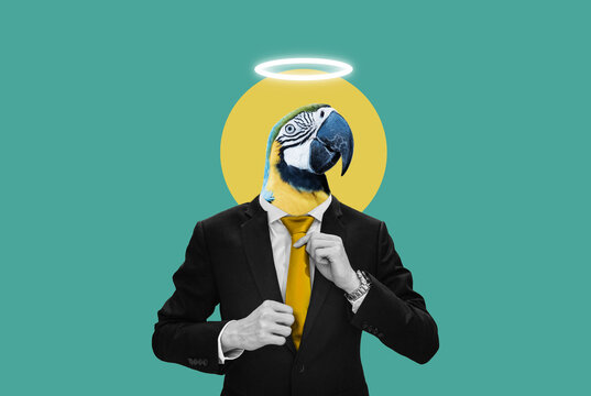 Digital collage modern art, Businessman with Macaw head, with halo