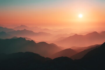 Obraz premium Nature background with sunrise over mountains and soft haze inspirational mood warm tone wide angle, Realistic Photo