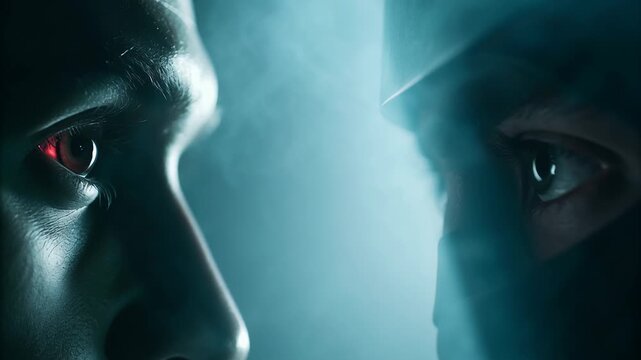 Black fallen angel lucifer shown in video form concept. Two faces in confrontation with a mystical, smoky background.