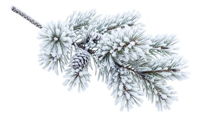 Close up of a beautiful pine tree branch covered in delicate white frost and a small pinecone isolated on white