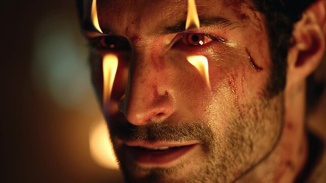 Black fallen angel lucifer shown in video form concept. The character exhibits intense emotions with a captivating gaze.