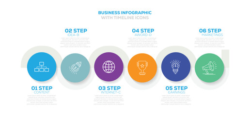 Business data visualization timeline process infographic template design. 6 Step timeline journey. Process diagram, Infographic vector illustration.