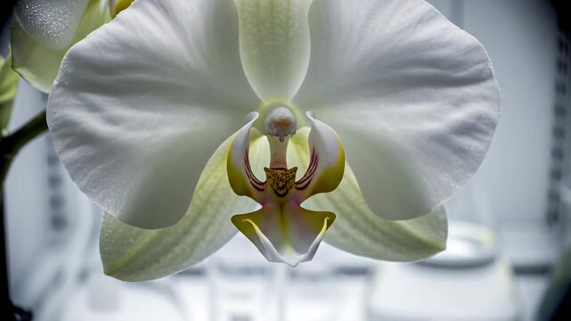 Delicate white orchid petal unfurling in close-up detail