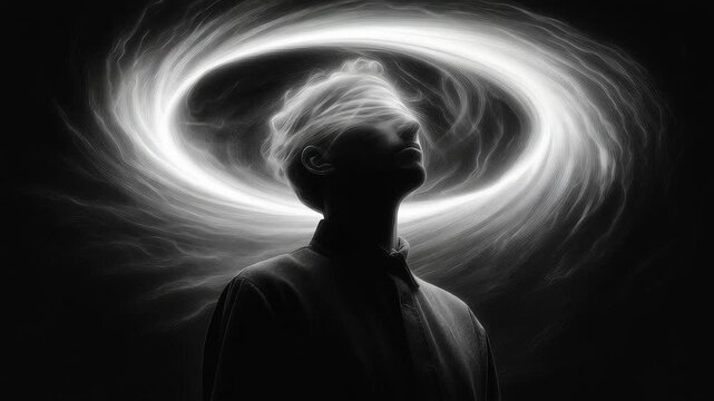 Black fallen angel lucifer shown in video form concept. A figure with a halo of swirling light in a dark setting, embodying darkness and enlightenment.