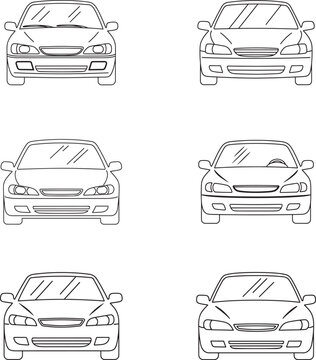 Variety of car front view line drawings in different angles and perspectives