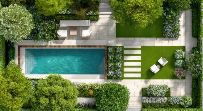top view plan of a modern garden with a pool, green grass, and trees, with white outdoor furniture around the swimming pool