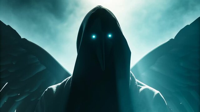 Black fallen angel lucifer shown in video form concept. The figure is cloaked with glowing eyes and large dark wings.