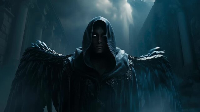 Black fallen angel lucifer shown in video form concept. Dark figure with large wings, shrouded in mystery and ethereal atmosphere.