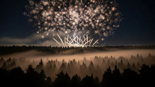 Spectacular fireworks burst over a misty forest at night, illuminating the dark tree line. - Powered by Adobe
