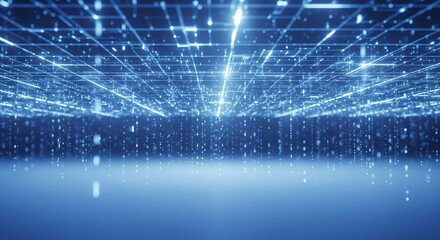 Futuristic digital network with glowing blue lines and dots in virtual space