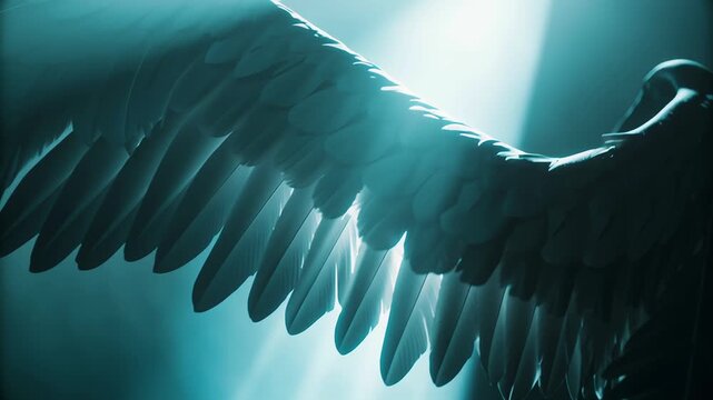 Black fallen angel lucifer shown in video form concept. A dramatic light highlights the intricate details of a wing.