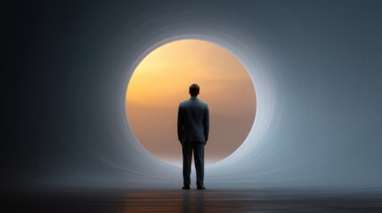 Obraz premium Man in a Suit Standing Before a Circular Opening with a Beautiful Sunrise in the Background, Symbolizing Hope and New Beginnings