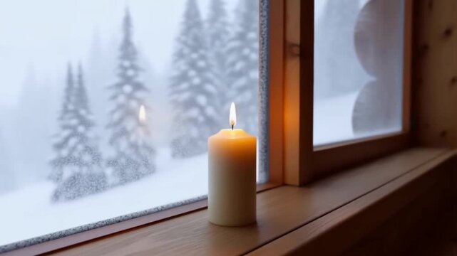 Snowstorm outside the window of a mountain chalet with a burning candle on the windowsill reflected in the glass, concept of dramatic safety in a storm