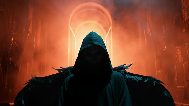 Black fallen angel lucifer shown in video form concept. Dark figure with wings and a hood against a fiery background.