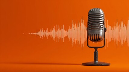 Professional studio microphone with vibrant sound waveform visualization on bright orange background for audio recording, podcasting, broadcasting, and content creation