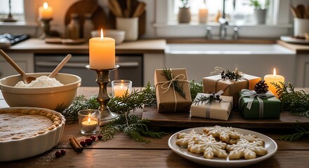 Fototapeta premium Festive Christmas Kitchen Decor with Candles and Gifts in Cozy Warm Atmosphere