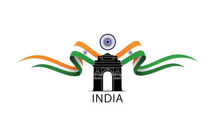 Indian republic day, gate of india with national flag colors, delhi monument, tricolor ribbon