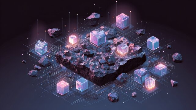 Abstract digital blockchain network illustration with cryptocurrency and fintech technology concept, showing data mining, secure transactions, and futuristic digital currency connections - Powered by Adobe